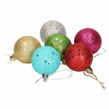 24x gekleurde glitter kerstballen van piepschuim 5 cm